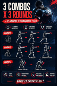 Femme pratiquant le shadowboxing avec des gants dans un espace d'entraînement lumineux.