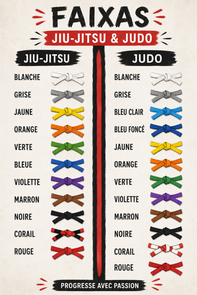 Ceintures de Judo et Jiu-Jitsu de couleurs variées exposées avec soin