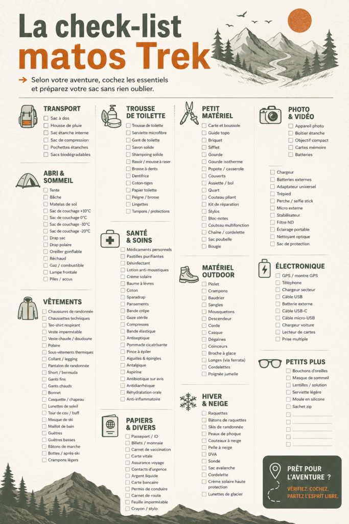 Checklist de matériel de trekking sur une table en bois