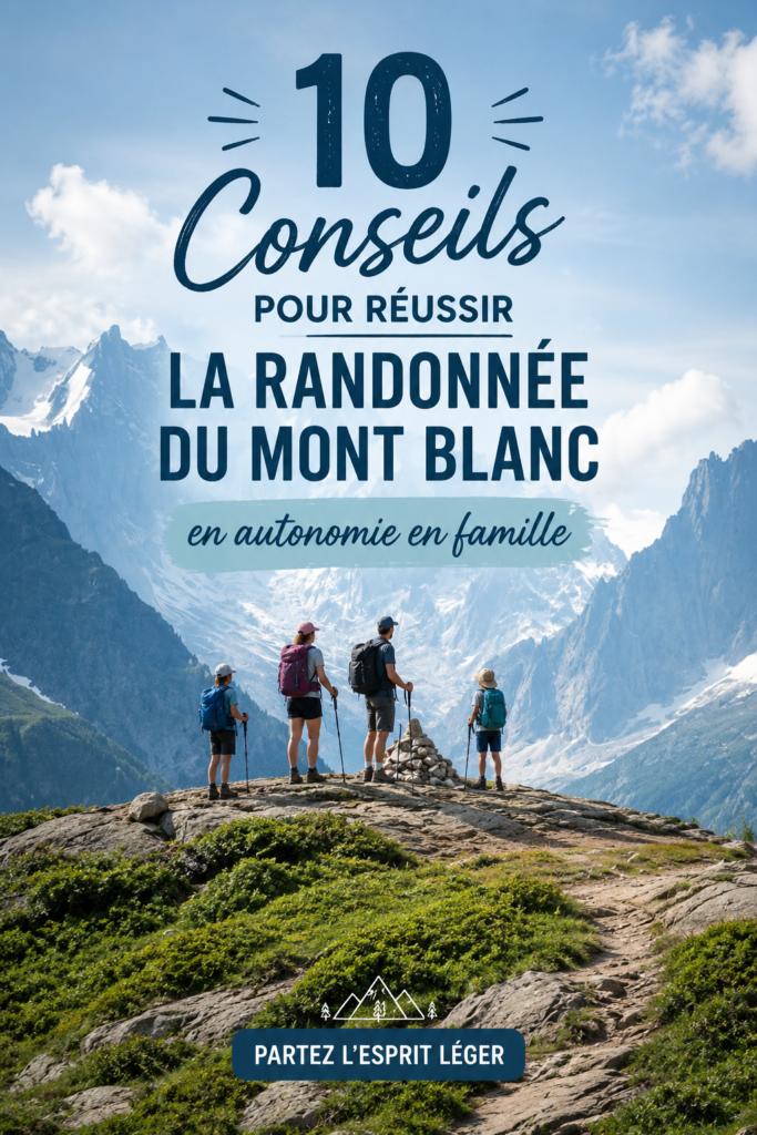 Famille en randonnée avec vue sur le Mont Blanc