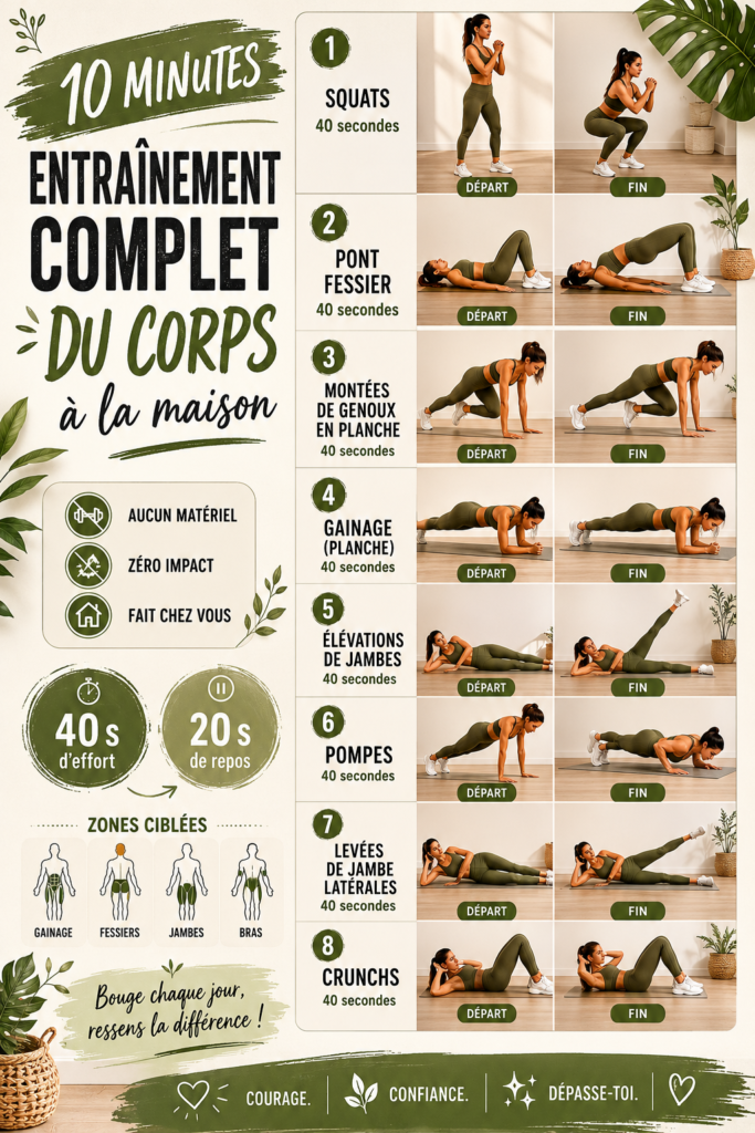 Femme en train de faire un entraînement complet de 10 minutes à la maison