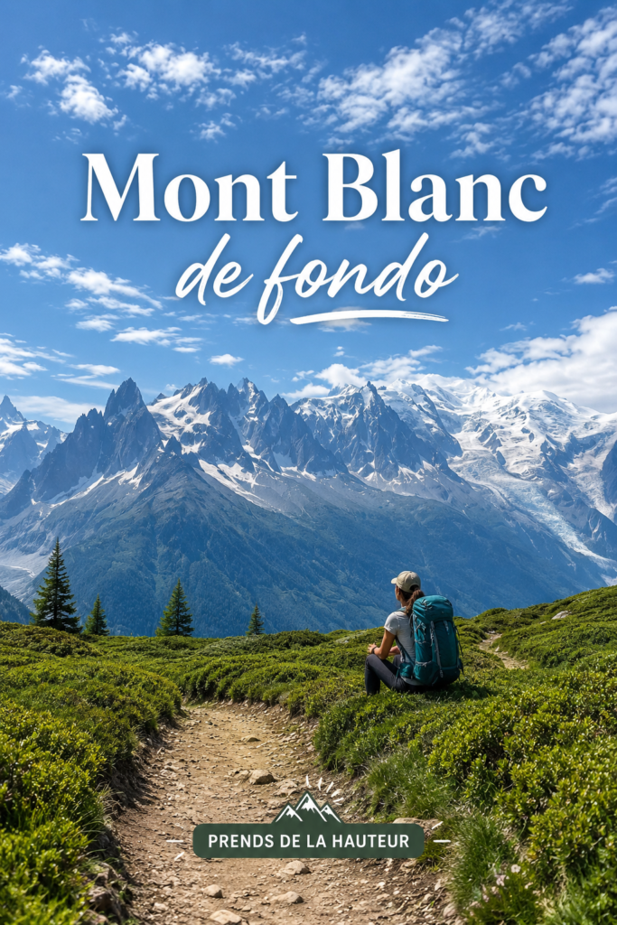 Vue sur le Mont Blanc avec des paysages alpins majestueux en arrière-plan.
