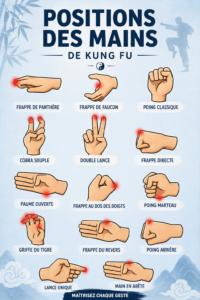Pratiquant de Kung Fu démontrant une position de mains classique, idéale pour renforcer la technique.