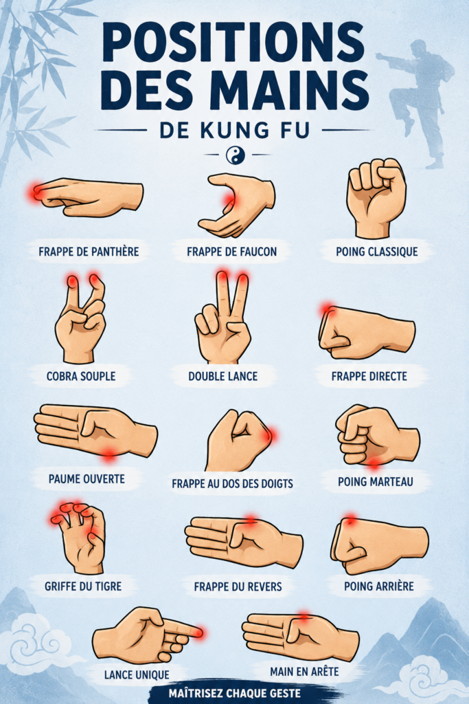 Pratiquant de Kung Fu démontrant une position de mains classique, idéale pour renforcer la technique.
