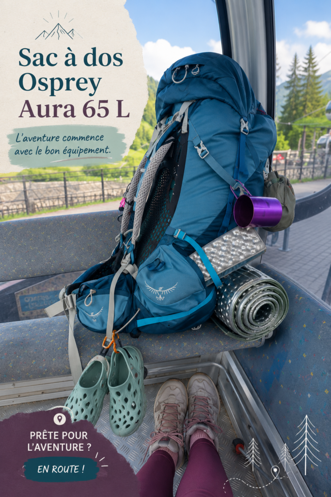 Sac Osprey Aura 65 L en randonnée, mettant en avant ses caractéristiques pratiques.