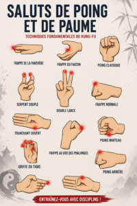 Une femme pratique le salut Fist & Palm en Kung Fu dans un environnement paisible.