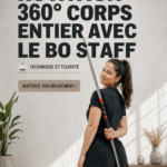 Femme réalisant un spin à 360° avec un bâton de combat