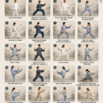 Femme pratiquant le Tai Chi au coucher du soleil, incarnant la sérénité et l'équilibre.