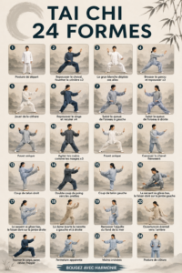 Femme pratiquant le Tai Chi au coucher du soleil, incarnant la sérénité et l'équilibre.
