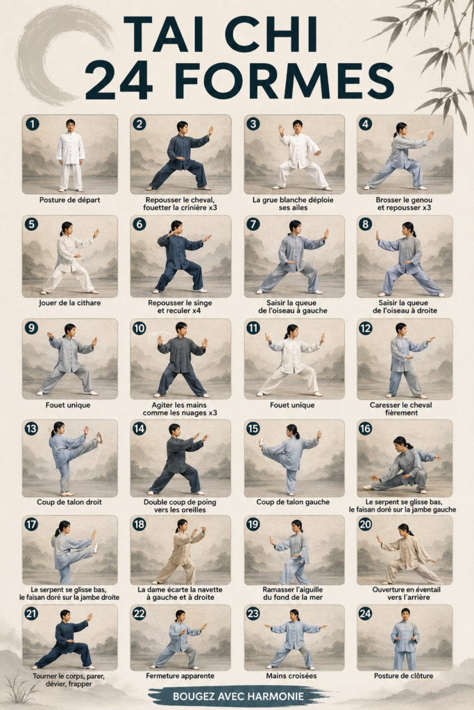 Femme pratiquant le Tai Chi au coucher du soleil, incarnant la sérénité et l'équilibre.