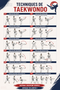 Femme pratiquant le Taekwondo, exécutant un coup de pied avec détermination.