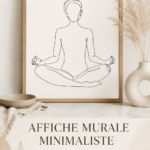Impression d'art minimaliste représentant une pose de yoga sur fond neutre.