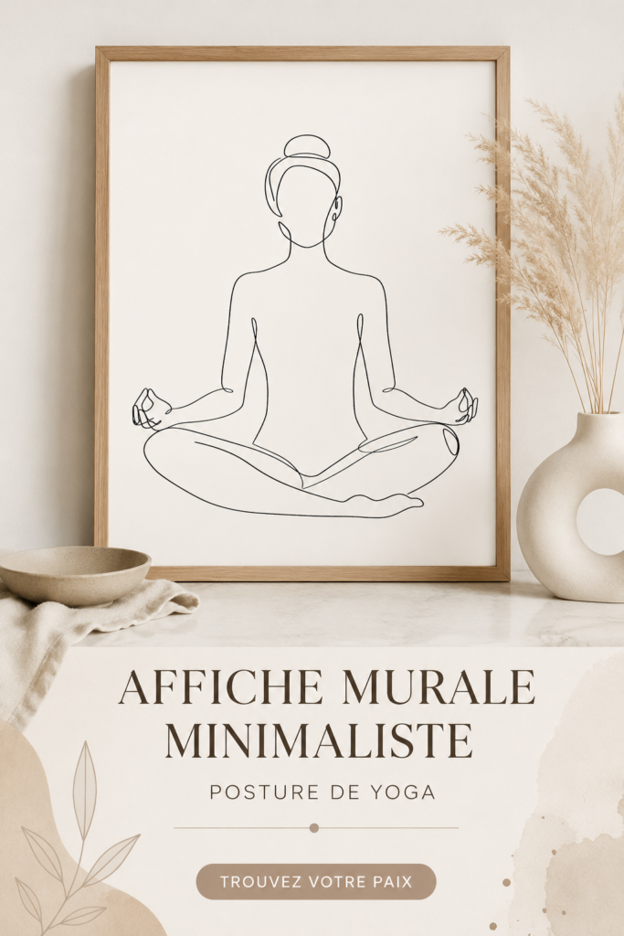 Impression d'art minimaliste représentant une pose de yoga sur fond neutre.