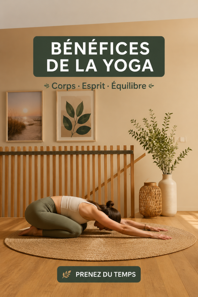 Femme pratiquant le yoga dans un environnement calme et serein, symbolisant le bien-être et l'équilibre.