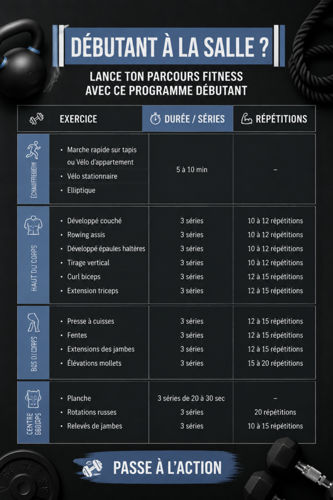 Femme souriante s'entraînant au gymnase, illustrant un début de parcours fitness.