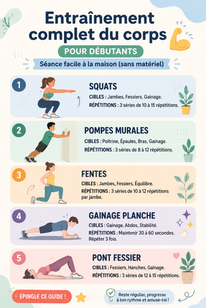 Femme réalisant un entraînement complet à domicile, illustrant une routine accessible sans équipement.
