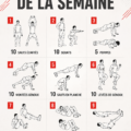 Femme faisant un entraînement hebdomadaire à domicile avec des exercices variés.