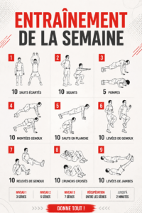Femme faisant un entraînement hebdomadaire à domicile avec des exercices variés.