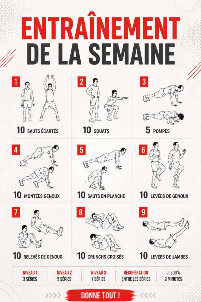 Femme faisant un entraînement hebdomadaire à domicile avec des exercices variés.