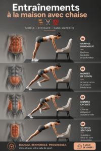 Femme faisant des exercices de tonification avec une chaise à la maison