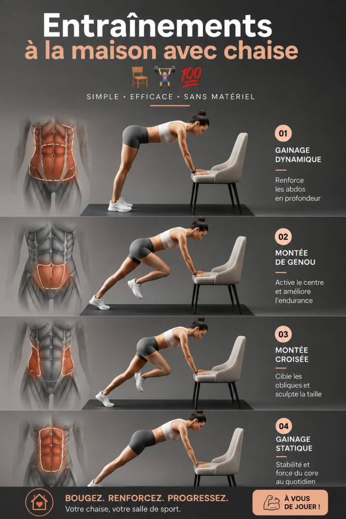 Femme faisant des exercices de tonification avec une chaise à la maison