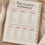 Une femme écrivant dans son journal d'entraînement, motivée et souriante.