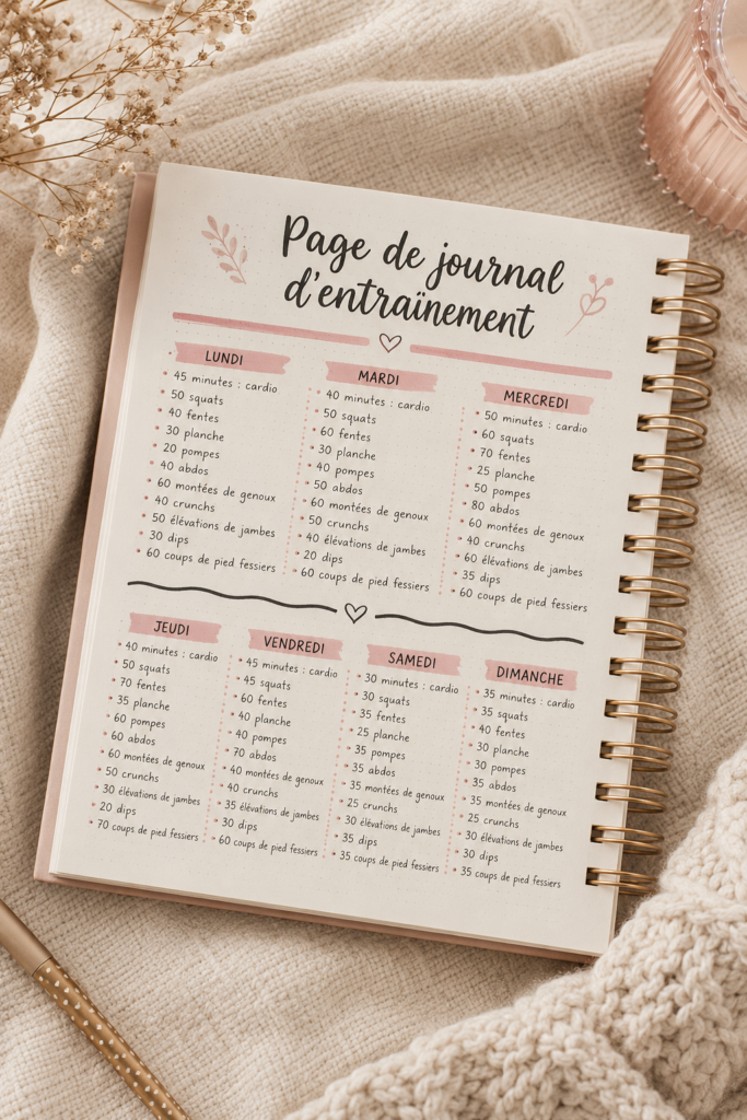 Une femme écrivant dans son journal d'entraînement, motivée et souriante.