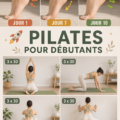 Femme pratiquant des exercices de pilates dans un salon chaleureux.
