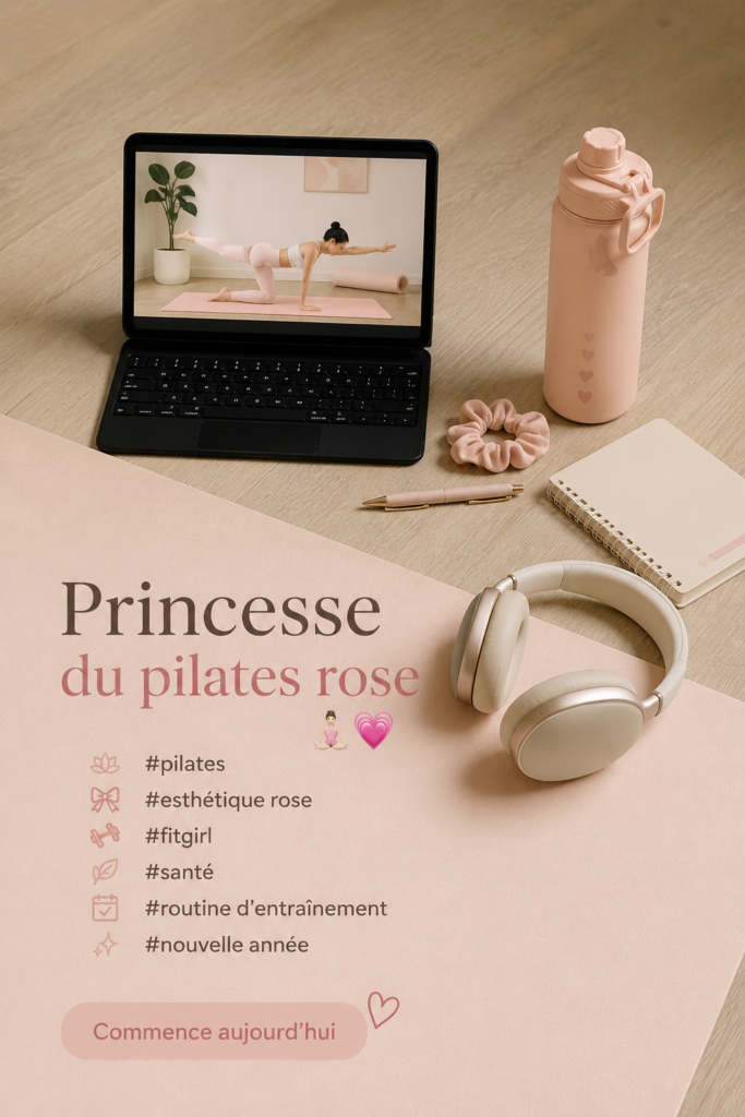 Femme pratiquant le Pilates, vêtue de rose, sur un tapis dans un cadre lumineux.