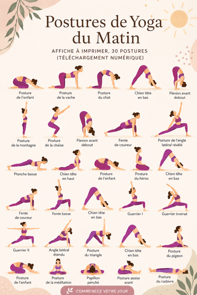 Posters de yoga matinal avec 10 poses équilibrantes affichées