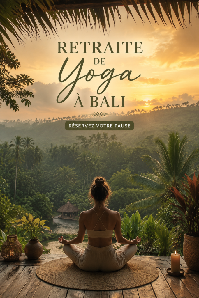 Femme pratiquant le yoga sur une plage de Bali au coucher de soleil