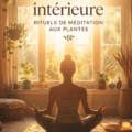 Femme pratiquant la méditation avec des herbes apaisantes autour d'elle.