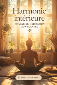 Femme pratiquant la méditation avec des herbes apaisantes autour d'elle.