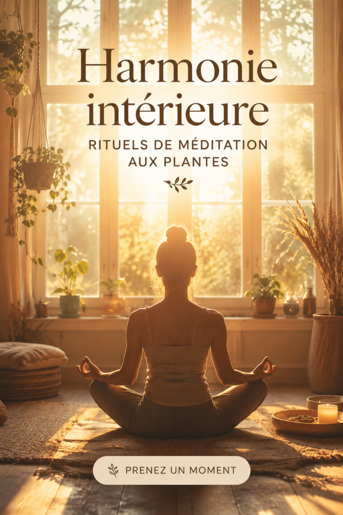 Femme pratiquant la méditation avec des herbes apaisantes autour d'elle.