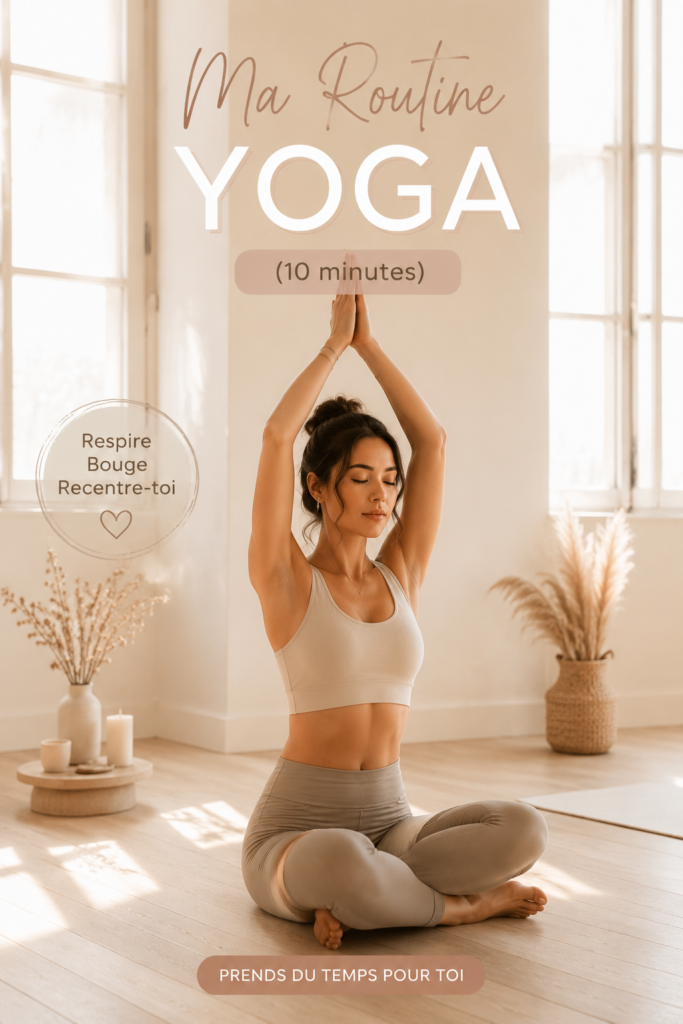 Femme pratiquant une routine de yoga relaxante de 10 minutes dans un espace apaisant.
