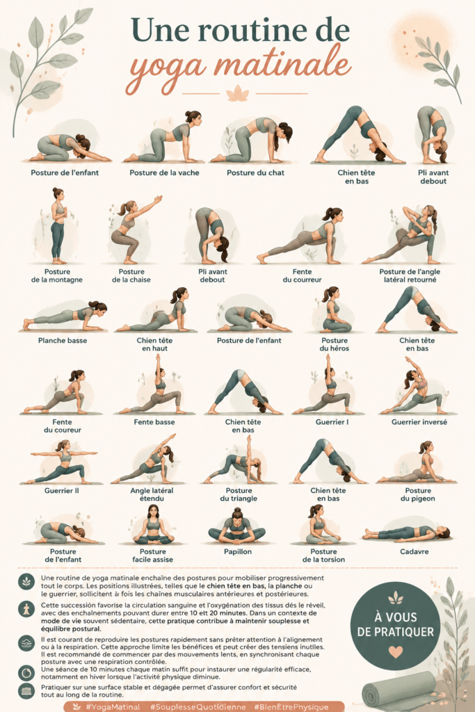 Femme pratiquant le yoga matinal sur un tapis dans une pièce lumineuse, illustrant une routine simple et apaisante.