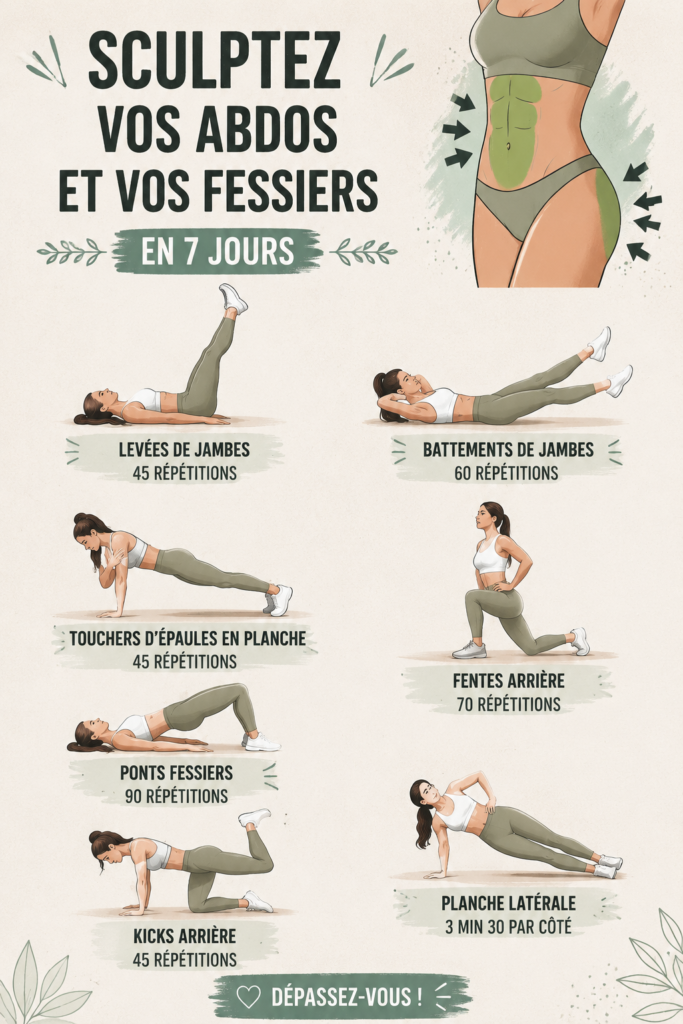 Femme faisant des exercices pour les abdominaux et fessiers à la maison