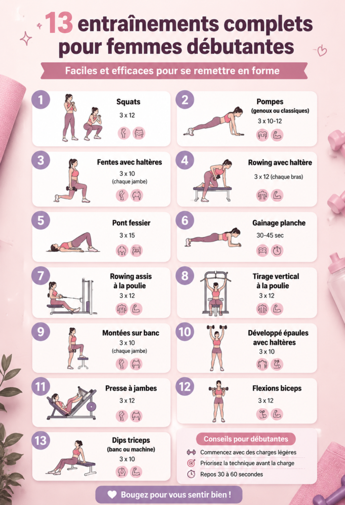 Femme pratiquant un entraînement complet dans un cadre serein, illustrant un exercice accessible et agréable pour toutes les femmes.