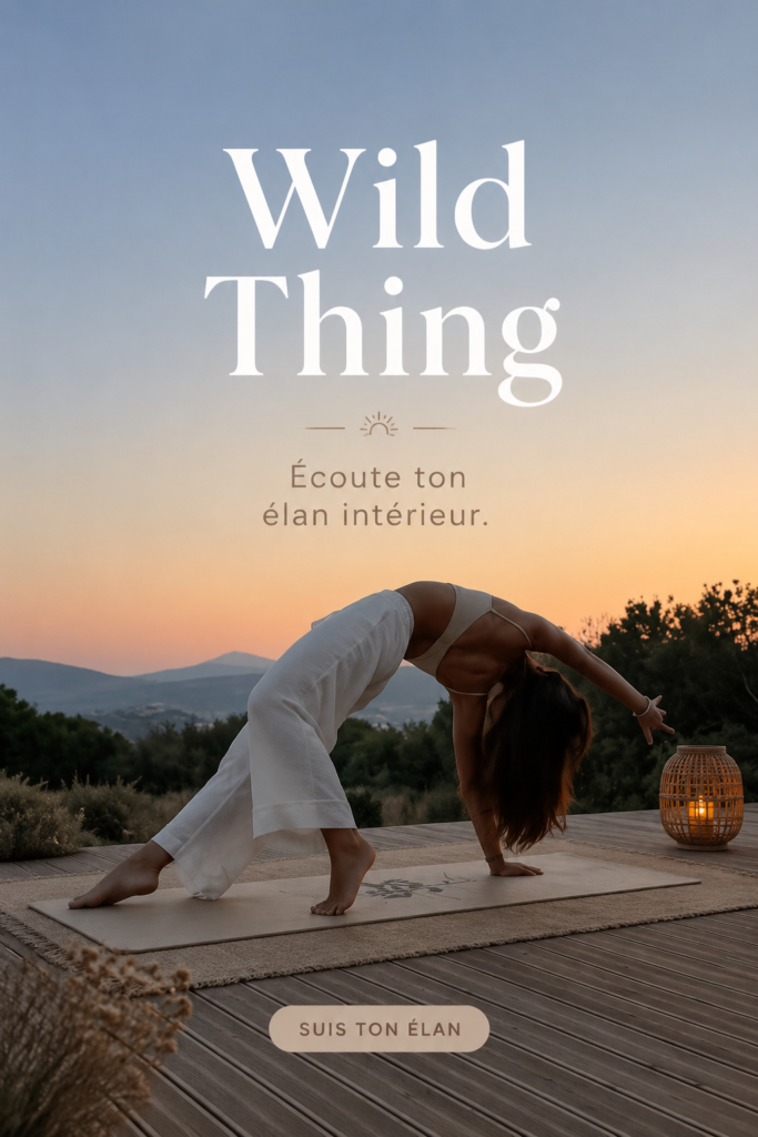 Une femme pratiquant la posture Wild Thing pendant une séance de yoga en plein air