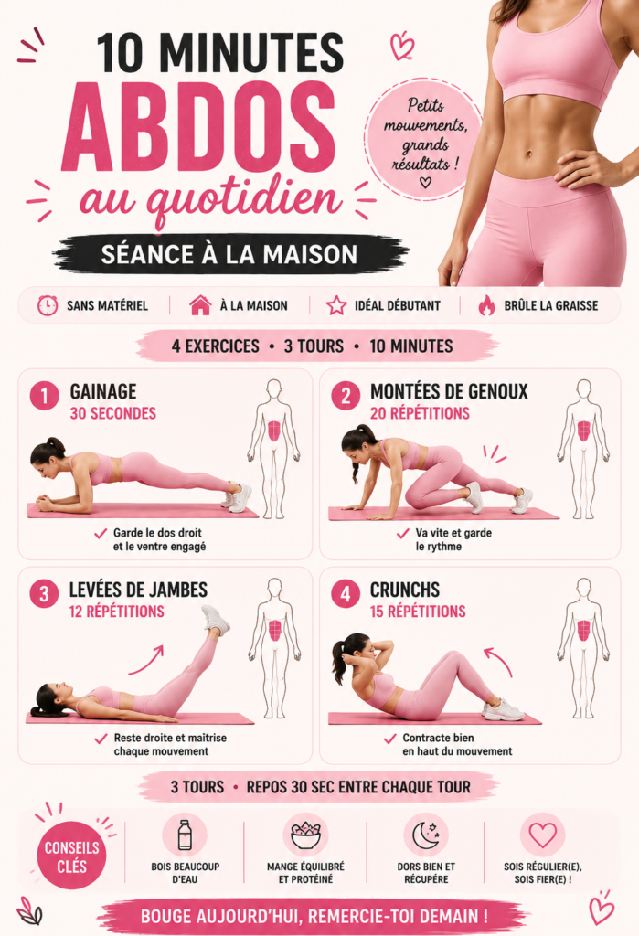 Femme en train de faire un entraînement d'abdos de 10 minutes.