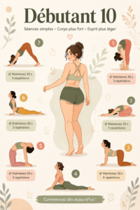 Femme pratiquant le yoga dans un cadre serein, illustrant une séance de yoga débutant.