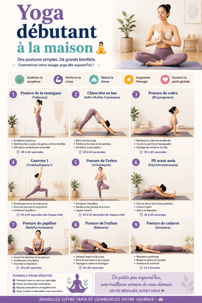 Femme pratiquant le yoga dans un salon, posture de relaxation