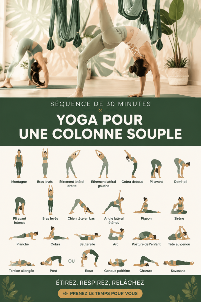 Femme pratiquant du yoga flow pour assouplir son dos sur un tapis dans un environnement calme.