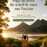Séance de yoga matinal sur la plage avec vue sur l'océan au Portugal