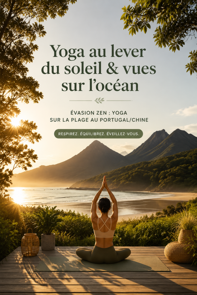 Séance de yoga matinal sur la plage avec vue sur l'océan au Portugal