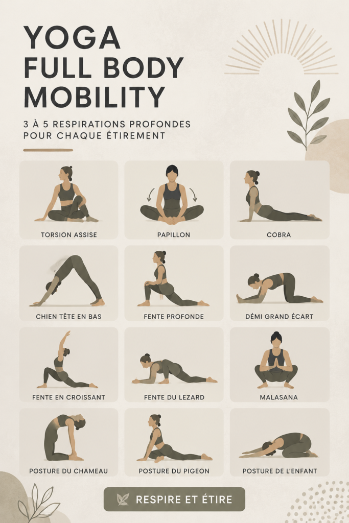 Femme en train de pratiquer le yoga sur un tapis, illustrant des poses favorisant la mobilité.