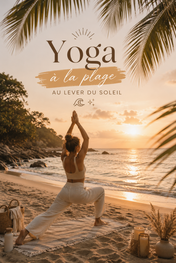 Une femme pratiquant le yoga au lever du soleil sur la plage, face à la mer.