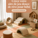 Une aire de jeux douce et colorée pour bébé, avec des tapis moelleux et des jouets adaptés.