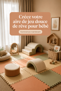 Une aire de jeux douce et colorée pour bébé, avec des tapis moelleux et des jouets adaptés.