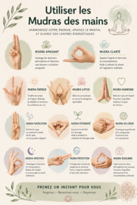 Une femme en méditation pratiquant un Mudra avec les mains, apportant un moment de sérénité.